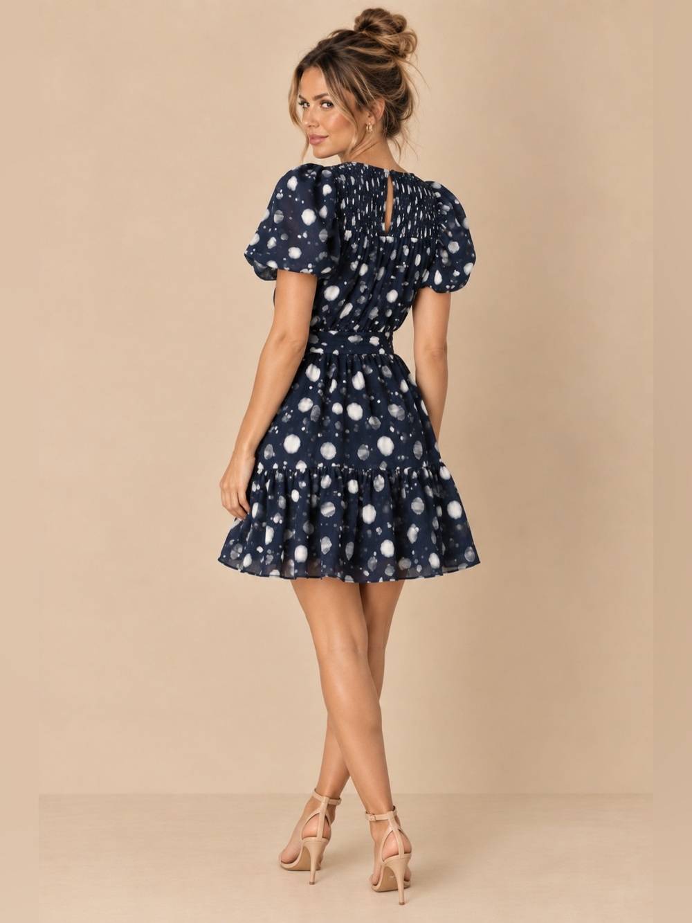 Ted Baker Navy Blue Ivory Polka Dot Wrap Belted Puff Sleeve Ruffle Hem Mini US 4 - Picture 9 of 9